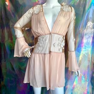 For Love & Lemons Embroidered Pink and Dark Beige Mesh Robe